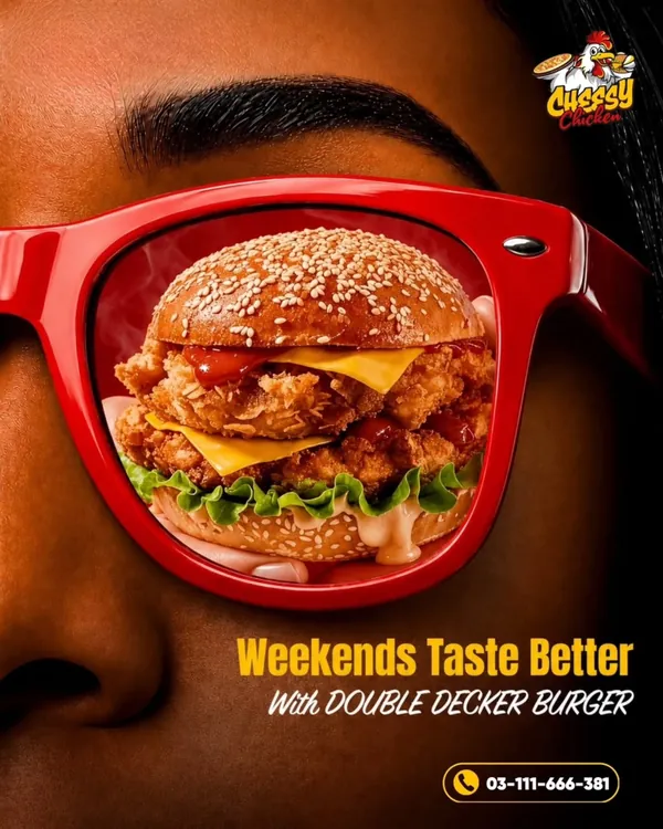 Cheesy Chicken creative with a double decker burger reflected in red sunglasses