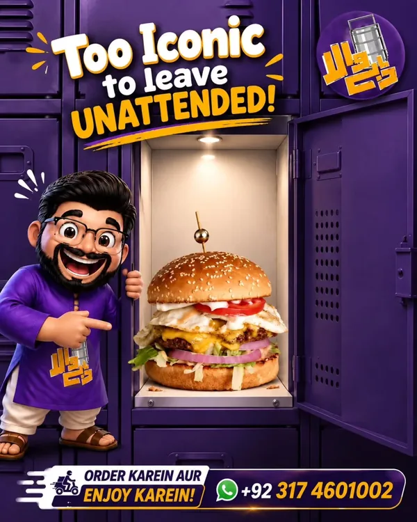 Dabbay Wala mascot opening a locker to reveal a burger, headline Too Iconic to Leave Unattended