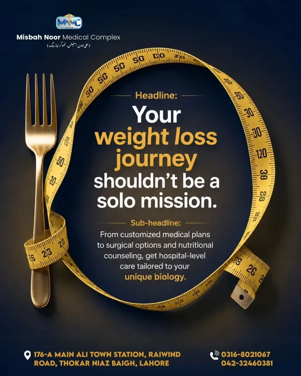 Misbah Noor Medical Complex creative with a fork and measuring tape about weight-loss care