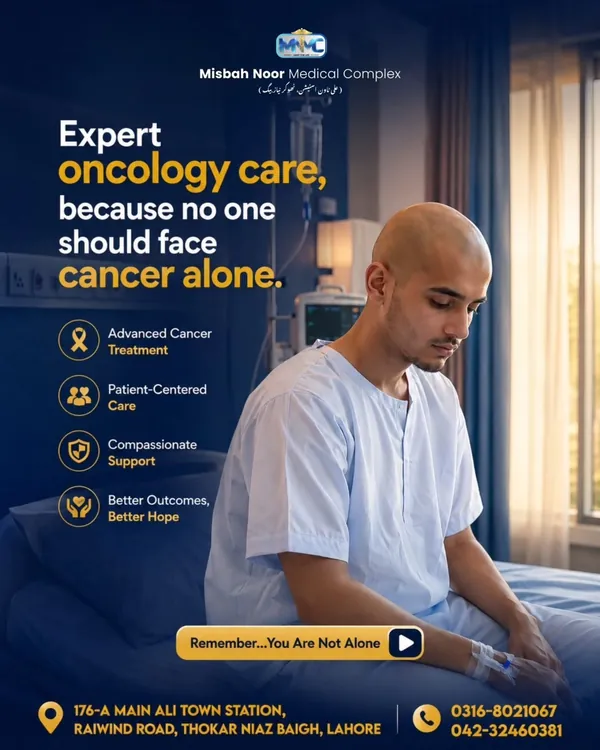 Patient in a hospital room, headline Expert Oncology Care