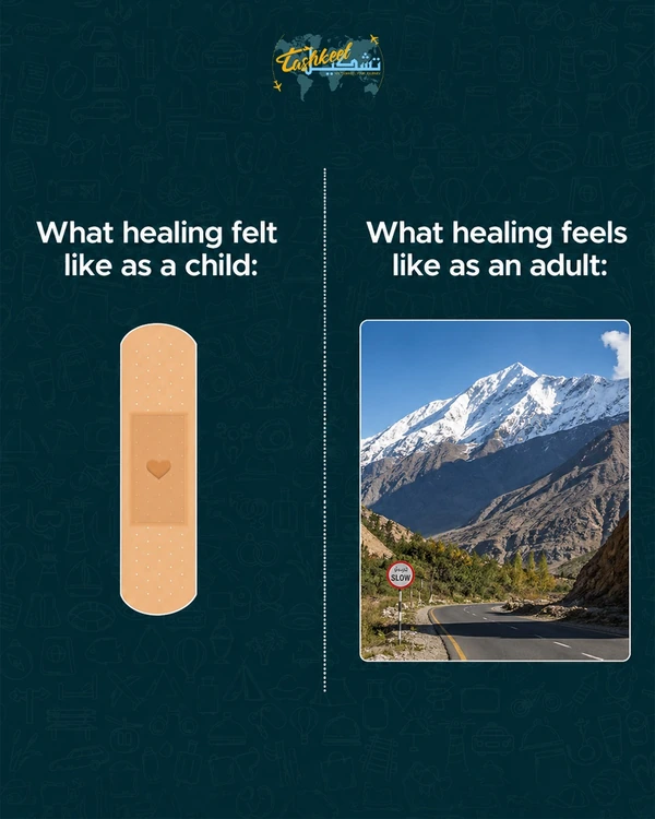 Tashkeel Travels teal concept creative comparing a childhood bandage with a mountain-road escape
